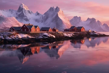 Poster Frozen coast and house at sunrise in Lofoten Islands, Norway. Snowy mountains, frosty shore, ice, reflection in water, rorbu, purple sky, dawn's golden light. Generative AI © Zeno