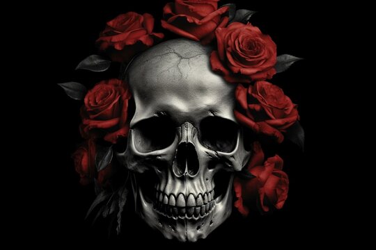 Monochrome colorkey of a human skull with red roses. Generative AI