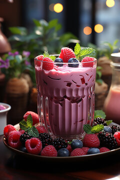 Berry Burst Smoothie on table with kitchen background, photo realistic, 4K resolution
