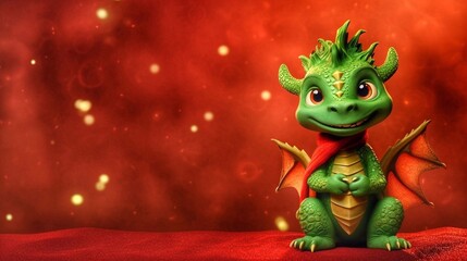 Green dragon sitting on a red background with space for text.