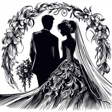 Silhouette of bride and groom under alter of flowers.