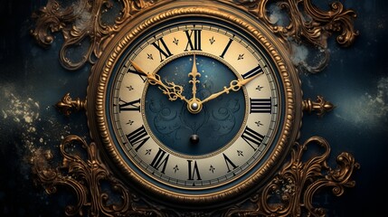A vintage clock with Roman numerals and ornate hands, striking midnight to welcome the New Year.
