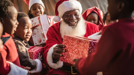 Père noël africain donnant des cadeaux à des enfants à noël