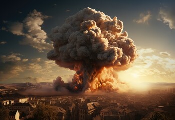 nuclear explosion mushroom cloud effect over city skyline for apocalyptic aftermath of nuclear attack or the use of mass destruction weapons