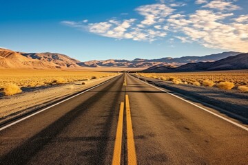 Highway through Death Valley, California, USA. Empty asphalt road in Death Valley National Park. Way in desert. Generative AI
