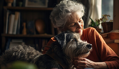 happy relaxed senior woman hugging her dog while at home on the sofa. pet and the owner concept - obrazy, fototapety, plakaty
