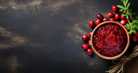 Flat lay composition with cranberry sauce on rustic wooden table, space for text
