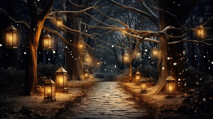 A winter forest path illuminated by lanterns and fairy lights, leading to a magical celebration.