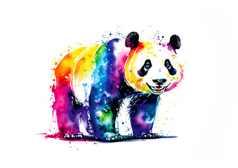Pandabär lächelt stehend auf vier Pfoten in regenbogen bunten Wasserfarben mit Spritzern und Kleksen vor einem weißen Hintergrund - obrazy, fototapety, plakaty