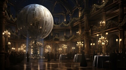 An elegant New Year's ball, beautifully illuminated, standing tall in a glamorous setting.