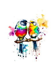Tiere und natürliche Arten Vielfalt: Paar Meisen in regenbogen bunten Wasserfarben mit Spritzern und Kleksen vor einem weißen Hintergrund als Vorlage und kunstvolle Gestaltung Elemente