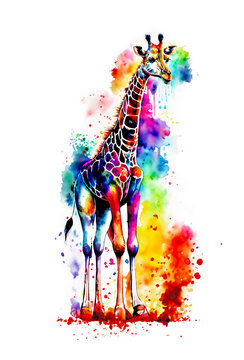 Tiere und natürliche Arten Vielfalt in ihrer Schönheit: Giraffe in regenbogen bunten Wasserfarben mit Spritzern und Kleksen vor einem weißen Hintergrund als Vorlage und kunstvolle Gestaltung Elemente