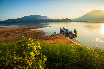 Mekong river and mountain scenery in the morning,Kaeng Khut couple scenery, Chiang Khan, Thailand,View of Kaeng Khut Khu Chiang Khan District, Loei Province, Thailand - obrazy, fototapety, plakaty