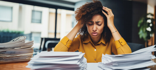 Document Management System (DMS), Stressed Businesswoman working in Stacks of paper files for searching and checking unfinished documents achieves on folders papers at busy work desk office - obrazy, fototapety, plakaty