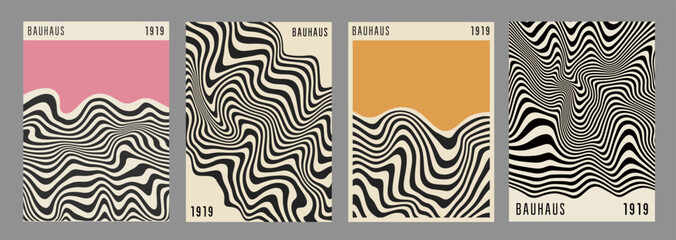 Bauhaus Abstract Wavy Backgrounds. Cool Geometric Posters Vector Design. Optical Illusion Shape Textures.