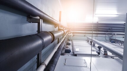 Installation of plumbing system water chiller line pipe on the  hatchering machine.with shiny light.