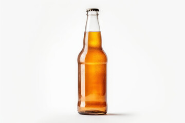 Clean glass transparent beer bottle with beer closed with a cap. Isolated on white background. Glass bottle with lemonade or any other yellow-brown drink. Template, mockup for design. With copy space.