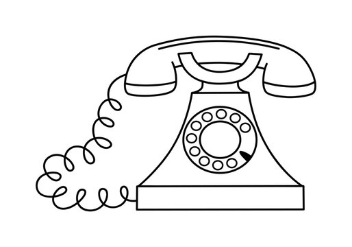 Hand drawn cute outline illustration of blue retro wired phone. Flat vector old telephone with dial sticker in simple line art doodle style. Call device icon or print. Isolated on white background.