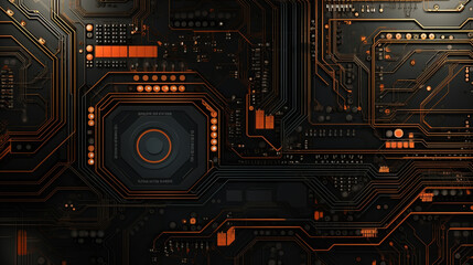 Graphic illustration of electronic circuit board design and schematic. Desktop wallpaper and presentation background style.