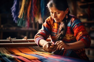 Traditional craft. Elderly indigenous woman weaves fabric with intricate patterns on traditional looms. Colorful threads, patterns, focused craftsmanship. Skilled craftsmanship, tradition. Weaver - obrazy, fototapety, plakaty
