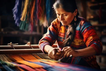 Foto op Canvas Traditional craft. Elderly indigenous woman weaves fabric with intricate patterns on traditional looms. Colorful threads, patterns, focused craftsmanship. Skilled craftsmanship, tradition. Weaver © Jafree