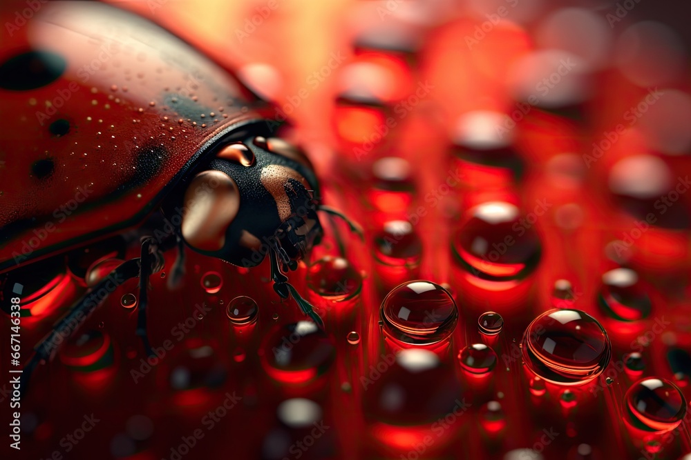 Poster  a lady bug sitting on top of a computer keyboard covered in water droplets.  generative ai