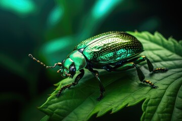  a green beetle sitting on top of a green plant leaf.  generative ai