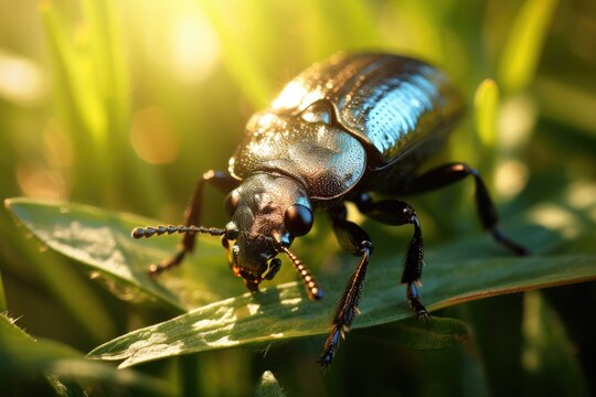  a close up of a bug on a leaf in the sun.  generative ai