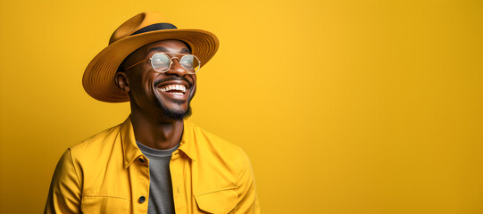 Portrait of handsome afro man wearing hat, eyeglasses on a yellow background - obrazy, fototapety, plakaty