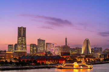 sweet blue and pupper sunset winter and light illumination from Cityscape of Yokohama city, Skyline...