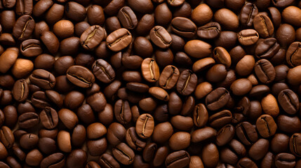 Fototapeta premium Top view of brown coffee beans scattered on the surface.