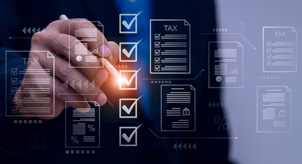 Government Business Individual income tax document online, Businesswomen check block of tax...