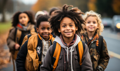 Homeward Bound: Diverse Kids Alighting from School Bus in Countryside