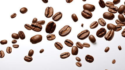 Real coffee beans falling from above isolated on white background