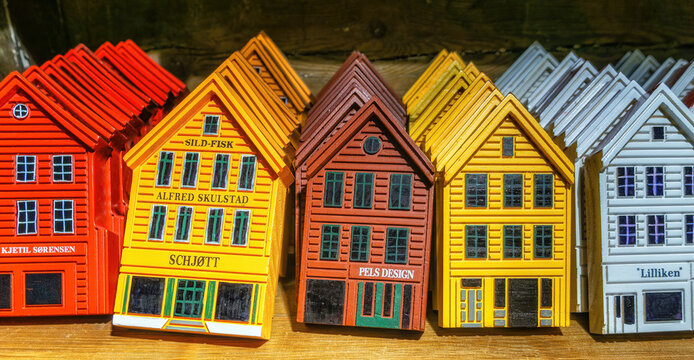 Norway, County of Hordaland, Bergen, in Bryggen and on the old quay, listed as a World Heritage Site by Unesco, series of magnets bearing the effigy of the district