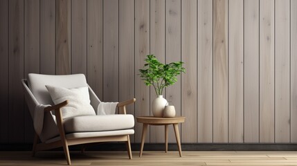Stylish scandinavian composition of living room with design armchair, wooden wall and personal accessories in modern home decor