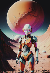 Fototapeta na wymiar illustrazione di futuristico robot dalle sembianze umanoidi, sguardo aggrssivo e deciso, sfondo di pianeti e lune aliene
