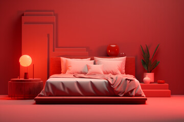 bedroom interior with minimalistic furniture, red nuance palette, romantic mood, geometric lines