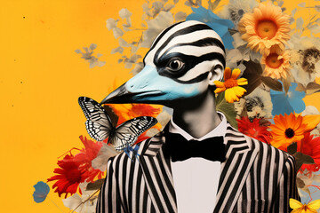 pop art surreal  fashion portrait of a model with a animal face, surrounded by flowers and butterfly