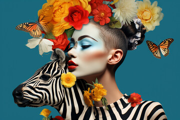 pop art style collage of a fashion woman model with zebra animal head, bright color , flowers...