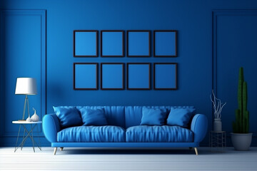 an interior scene sofa in a minimal and futuristic living room with a big cozy sofa and pillows, home decor, blue and blue palette, green plants and frameworks