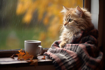 a cute cat kitty looking at the window with a cup of coffee, winter mood foliage outside, funny scene