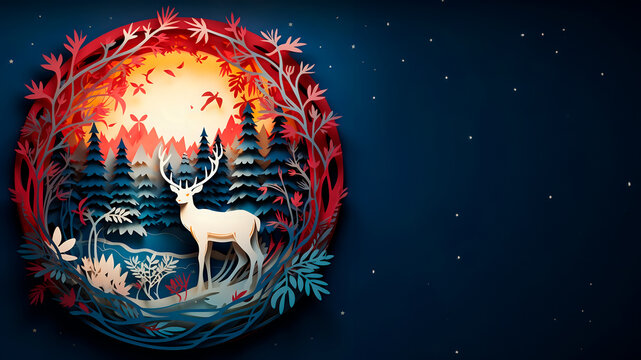 Winter Christmas multilayer openwork picture made of paper. Fairytale landscape.