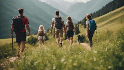 a candid photo of a family and friends hiking together in the mountains in the vacation trip week