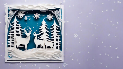 Winter Christmas multilayer openwork picture made of paper. Fairytale landscape.