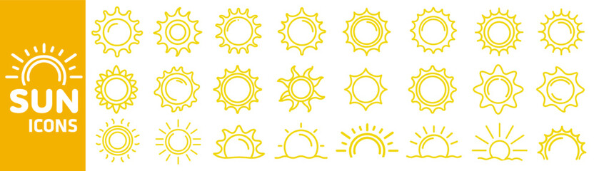 Yellow sun icon logo, summer sunrays doodles.  Summer, sunshine, nature, sky. 