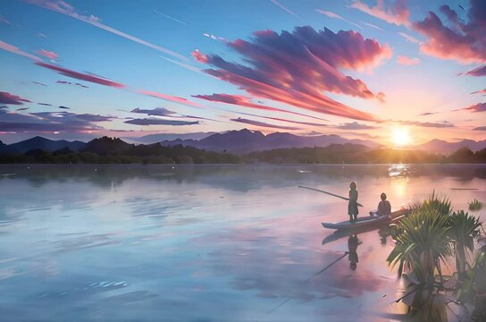 nature landscape background. beautiful lake with calm waters. Animation with anime or Japanese cartoon
