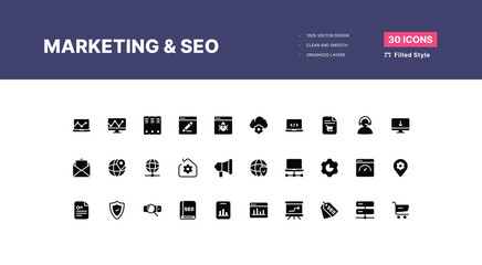 Fototapeta na wymiar Marketing and Seo Icons Pack. SEO optimization icons. Set of line icons. Achieving results. SEO concept. Search Engine Optimization icon collection. Containing business - Filled Style