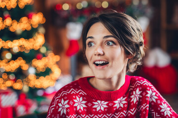 Portrait of funny young surprised girl astonished new year dream magic fairy tale wow omg reaction feast isolated over home background