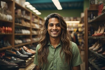 Fototapeta na wymiar handsome long hair male cashier smiling at a shelf in a shoe store. Generative AI.